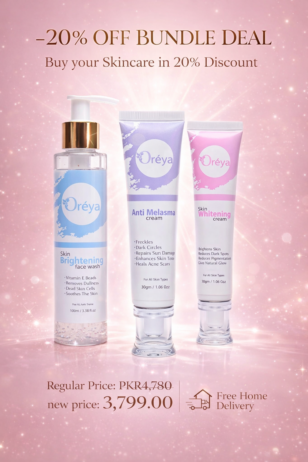 Oreya skincare products with a promotional offer on a pink background