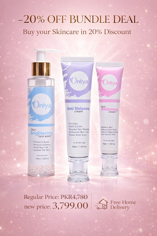 Oreya skincare products with a promotional offer on a pink background